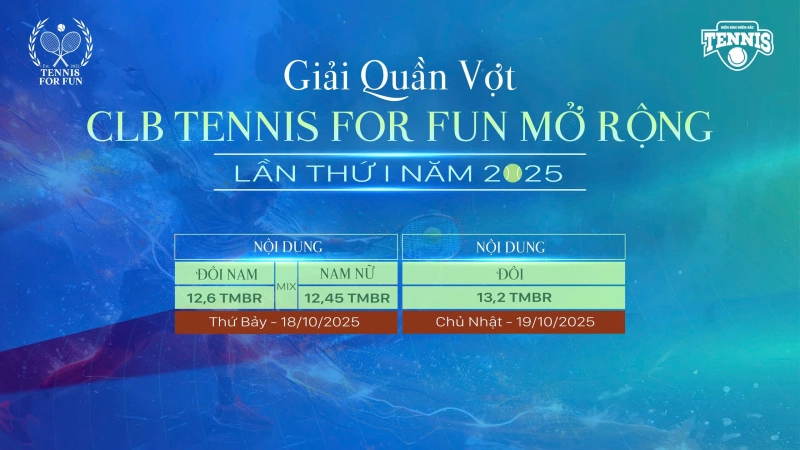 GIẢI QUẦN VỢT CLB FORFUN MỞ RỘNG LẦN THỨ I NĂM 2025 NỘI DUNG ĐÔI NAM 12,6 TMBR(MIX ĐÔI NAM NỮ 12,45 TMBR) Thứ Bảy Ngày 18/10/2025