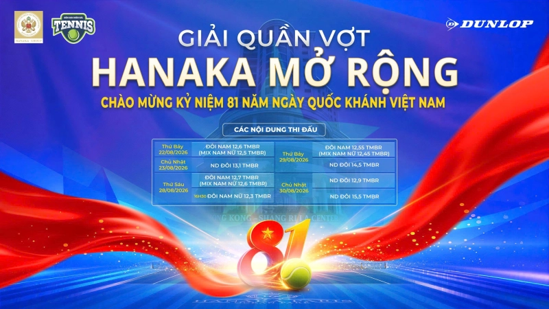 GIẢI QUẦN VỢT HANAKA MỞ RỘNG CHÀO MỪNG KỶ NIỆM 81 NĂM NGÀY QUỐC KHÁNH VIỆT NAM NỘI DUNG ĐÔI NAM 12,6 TMBR(MIX ĐÔI NAM NỮ 12,5 TMBR) Thứ Bảy Ngày 22/8/2026